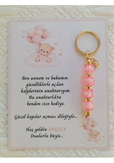 İsme Özel Tasarım Pembe Anahtarlık Hastane Yeni Doğan 40 Mevlidi Dağıtmalık Hediyelik 48 Adet