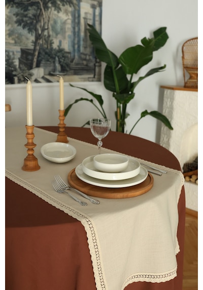 Yakacihome Elora Duck Keten Yıkanabilir Leke Tutmaz Cappuccino Kopenaki Dantel Detaylı Runner 40x140 Cm Krem