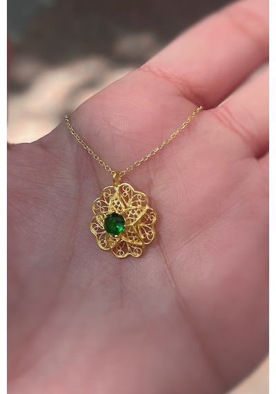 Gümüş Yeşil Taşlı Telkari Model Kolye Altın