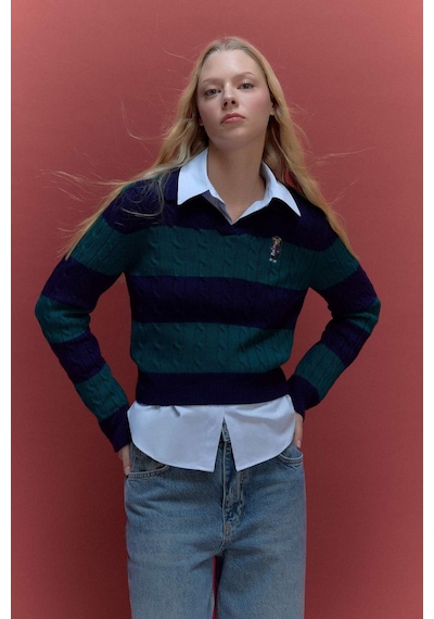 Defacto Regular Fit Polo Yaka Çizgili Kazak G8018ax26spnv131 Lacivert-nv131