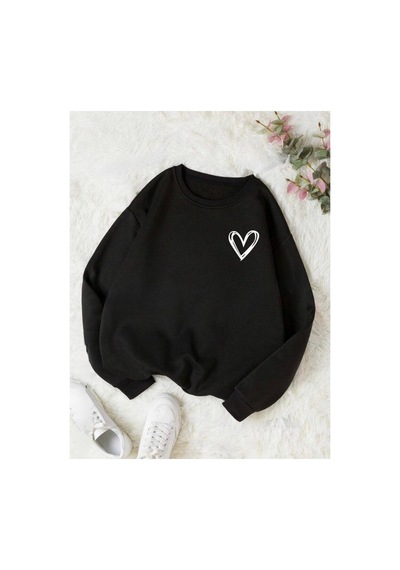 Medinenur Mini Kalp Baskılı 2 İplik Şardonlu Bisiklet Yaka Swatshirt Siyah