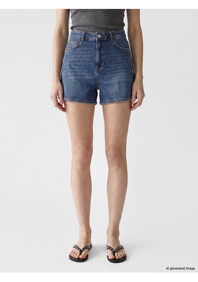 Lcw Jeans İndigo Yüksek Bel Taşlı Kadın Jean Şort
