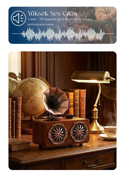 Nostaljik Retro Tasarım Gramofon Görünümlü Müzik Çalar 1500 Mah Fm/usb/tf Kart Desteği