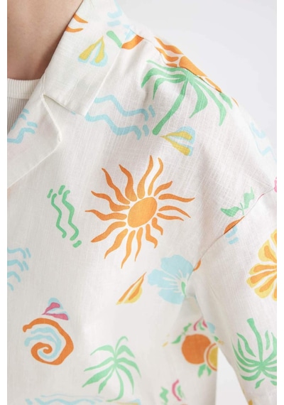 DeFacto Coool Oversize Geniş Kalıp Desenli Pijama Yaka Kısa Kollu Gömlek D5117AX24HSWT34