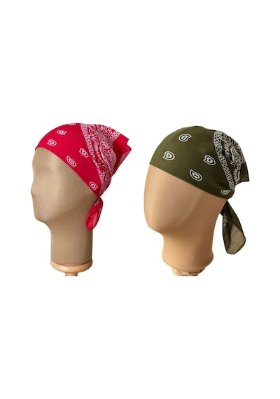 Pamuklu Klasik Desen Unisex 2li Bandana Seti Renkli Bandana Etnik Desenli A Kalite Bandana Kırmızı - Haki