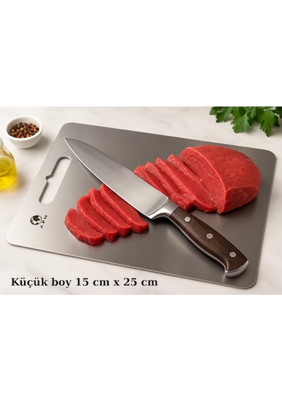 Paslanmaz Çelik Antibakteriyel Kesme Tahtası 304 Kalite - Küçük Boy 15x25 Cm Gri