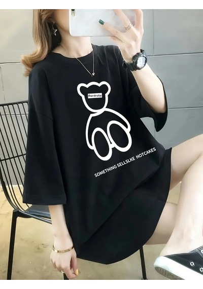 Genel Markalar 20/1 Penye Compack Ön Arka Baskılı Oversize Bisiklet Yaka T-shirt - Siyah - Renkli
