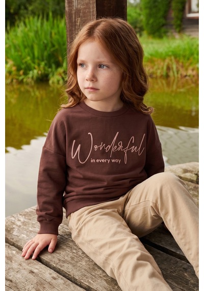 Fullamoda Kabartma Baskılı Oversize Kız Çocuk Sweatshirt Kahve