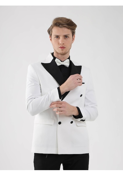 Dufy Ekru-Siyah Erkek Slim Fit Sivri Yaka Smokin Takım - 92441 Ekru - Siyah Dufy Ekru-Siyah Erkek Slim Fit Sivri Yaka Smokin Takım - 92441 Ekru - Siyah