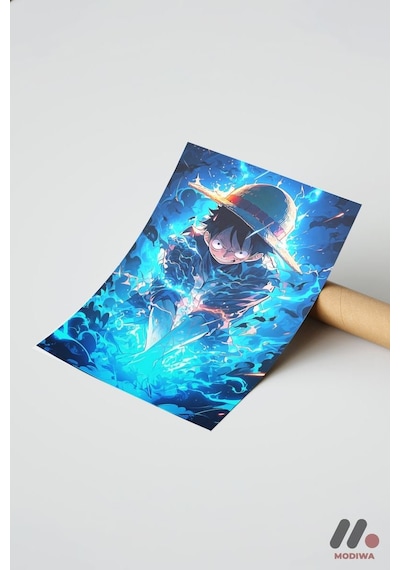 One Piece Mavi Enerji Poster, Çerçevesiz Yüksek Kalite Duvar Afişi - Anime Severlere Özel Hediye