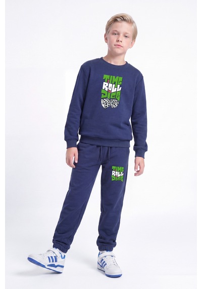 Panios Kids 3 İplik Baskılı Erkek Çocuk Çift Cepli Bisiklet Yaka Eşofman Takımı Lacivert