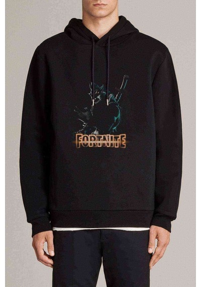 Fortine Wolf Baskılı Siyah Erkek Örme Kapşonlu Sweatshirt