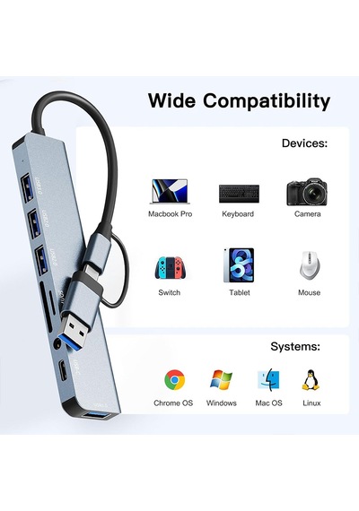 Type C Usb Hub, 8'i 1 Arada Usb 3.0 ,2.0, Type C Veri, 3.5 Ses, Sd/tf Kart Okuyucu