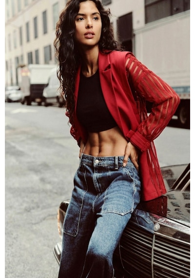 Armonika Kadın Kırmızı Yanları Dantel Vatkalı Oversize Tek Düğme Ceket Arm-26y001068