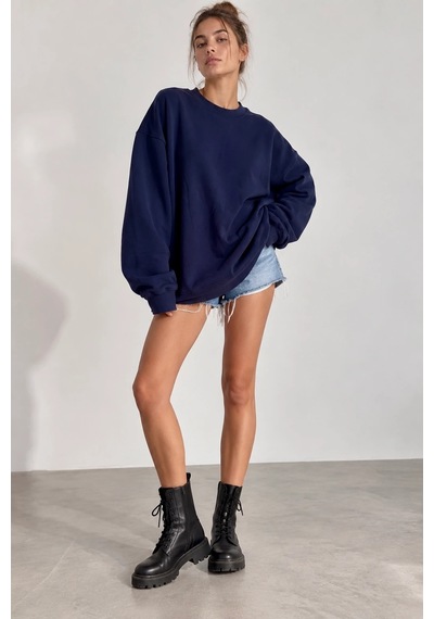 Bb Butik Basic 3 İplik Oversize Salaş Basic Sweatshirt Bisiklet Yaka My3535 Lacivert