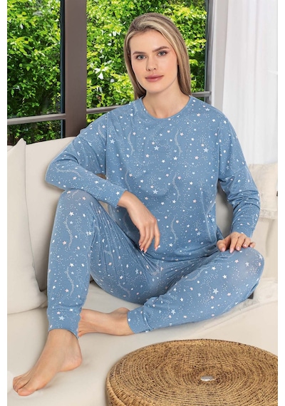 Aydoğan Kadın Renkli Yıldız Desen Uzun Kol Pijama Takımı 240977 Mavi Mavi