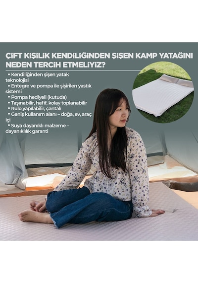 Çift Kişilik Kendiliğinden Şişen Kamp Yatağı Entegre Yastıklı, Pompa Hediyeli Taşınabilir Bej