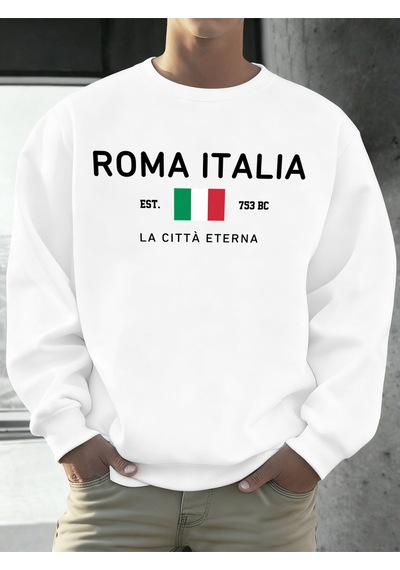 Startmore Startmoreroma Italia Est.753 Baskılı Kazak Erkekler Bisiklet Yaka Polar Giyim Gevşek Sonbahar Kazaklar Beyaz