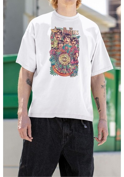 Lonely Hearts The Beatles Baskılı Unisex Oversize Tişört Beyaz