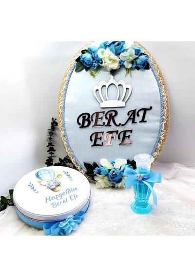 Taçlı Hasır İpli Ve İsimli Erkek Bebek Odası Kapı Süsü Çok Renkli