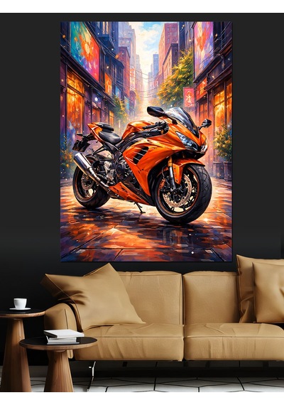 Ahşap Tablo Turuncu Modern Spor Motosiklet Görseli