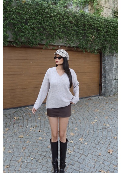 Kechi Woman V Yaka Oversize Triko Kazak Bej