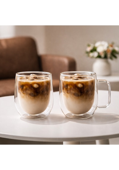 Porsima Pbt-323 Çift Cidarlı 2li Cam Kupa Çay Kahve Kupası Isı Yalıtımlı Kulplu Cam Bardak Seti 250 Ml Cam - Şeffaf