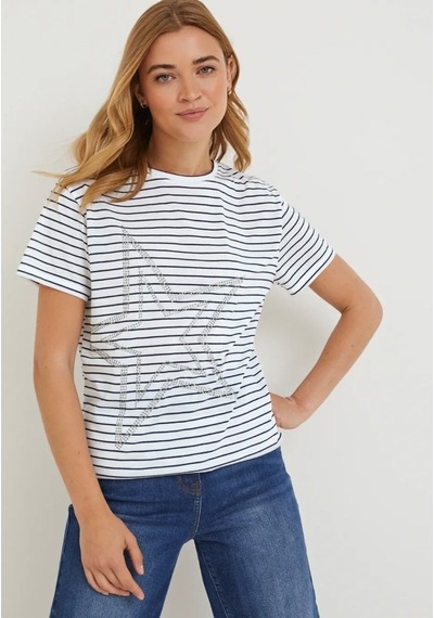 T-Shirt Kadın Lacivert Çizgili Yıldız Baskılı Beyaz