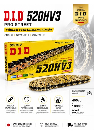 D.ı.d 520hv3 Gold X-ring 120 Bakla Motosiklet Zinciri 520 Ölçü Pro Street  D.ı.d