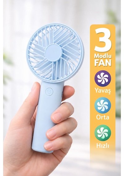 Standlı 3 Mod Şarjlı El Fanı 3 Kademe Seyahat Masaüstü Vantilatör Taşınabilir Mini Fan Mavi F137