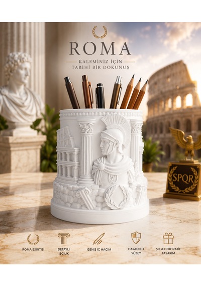 Antik Roma Temalı Dekoratif Kalemlik Premium Tasarım 10x9.5 Beyaz