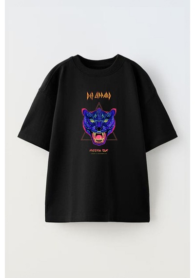Thewert Unisex Def Leppard Tribute Poster Tasarım Baskılı Pamuk Sıyah Oversize T-shirt Siyah