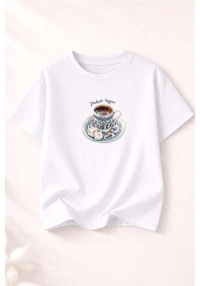 Herkesemoda Turkish Coffee Baskı Detaylı Kadın Bisiklet Yaka Pamuklu T-shirt Beyaz
