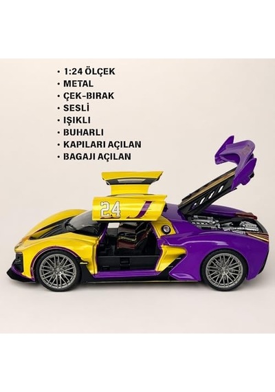 Oyuncak 1:24 Ölçek Diecast Metal Laker.s Spor Araba Işıklı Sesli Buharlı Çek Bırak Model Araç Kapıları Açılır Mor