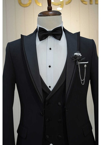 Bys Beystil Erkek Siyah Slimfit Yelekli Damatlık & Smokin 818