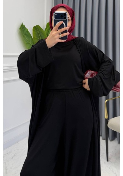 Balenbi Kadın Penye Uzun Hırka Bluz Geniş Paça Pantolon Abaya Takım 1217 Siyah