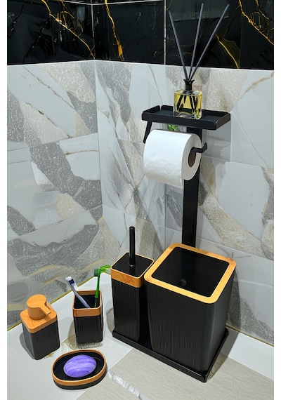 6 Parça Banyo Seti Çöp Kovası, Wc Fırça, Tuvalet Kağıtlık, Diş Fırçalık, Sıvı Sabunluk, Sabunluk Kahverengi - Siyah