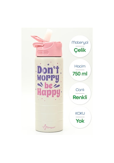 Paslanmaz 304 Çelik Matara Pipetli Motivasyon Matarası Suluğu 304 Çelik Suluk Pembe 750 Ml 1156 Pembe