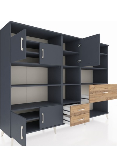 Hyperion Dolap 13 Raflı 3 Çekmeceli 5 Kapaklı 220x44x163 Antrasit Antrasit-antrasit/çam