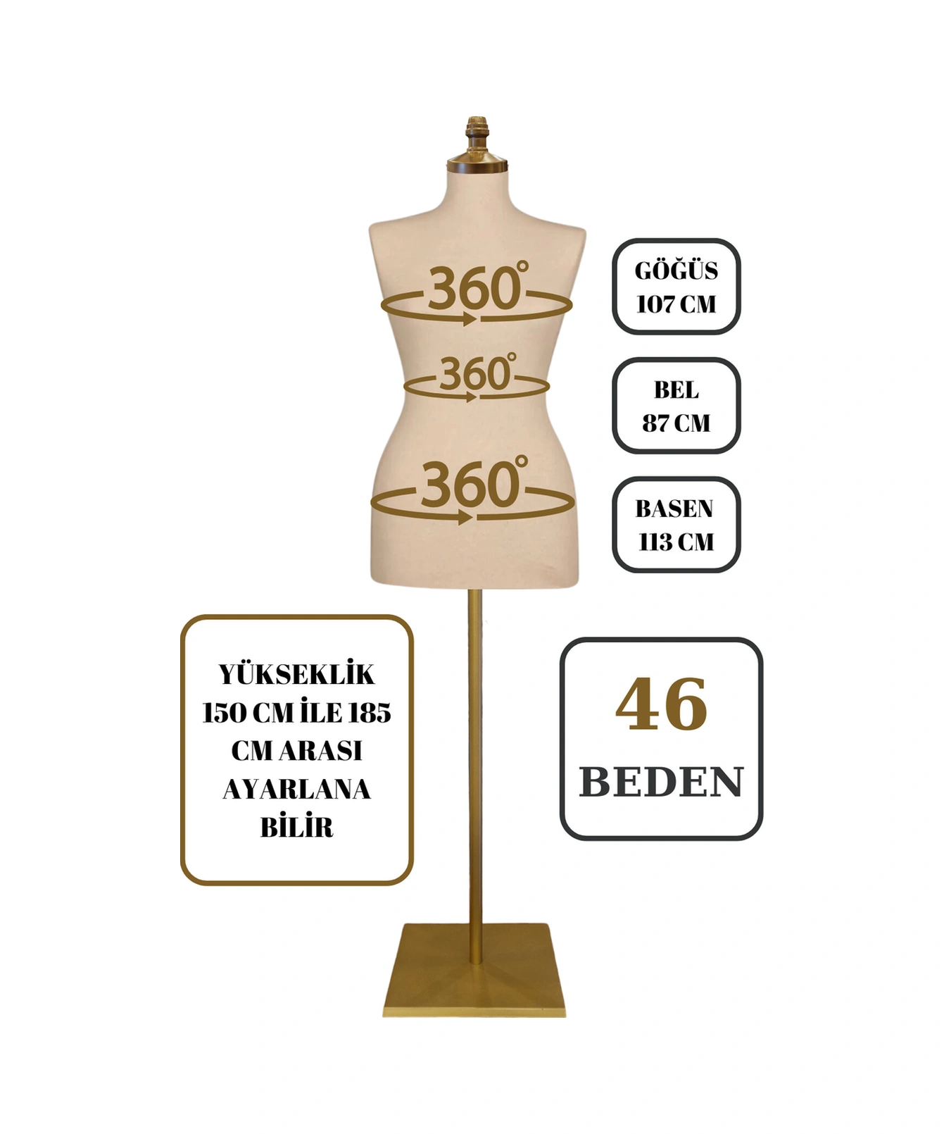 46 Beden Iğne Batabilen Terzi Mankeni Prova Mankeni Sünger Manken Gold Ayaklı Krem Kumaş Po-01