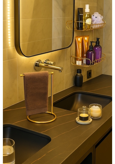 Parlak Altın Banyo Organizer Seti Havlu Askısı 2 Katlı Şampuanlık Raf