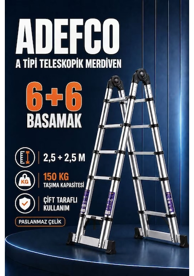 6+6 Basamak Paslanmaz Çelik Teleskopik Merdiven 5 Metre A Tipi Katlanabilir Uzayan Merdiven -