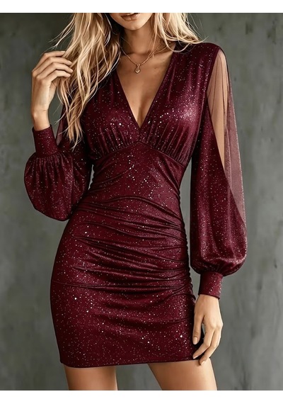 Butik İstanbul Kadın Uzun Kollu V Yakalı Kısa Işıltılı Kısa Sandy Elbise Bordo