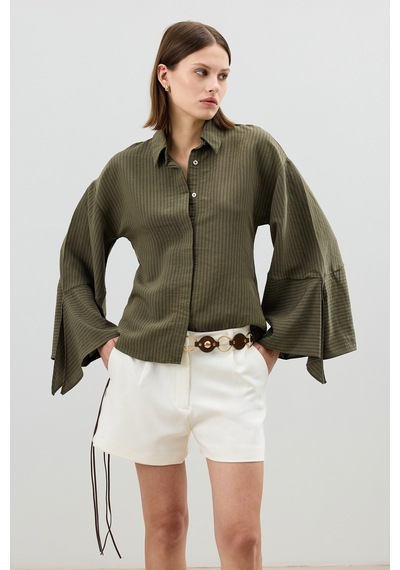 Antioch Kol Bağlamalı Çizgili Kadın Gömlek Haki