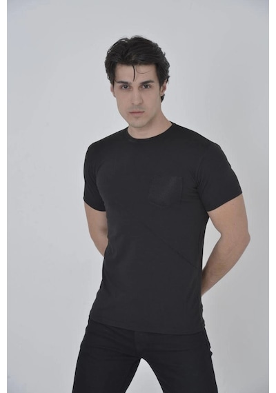 Novalisse Erkek File Çepli T-shirt Kısa Kol Bisiklet Yaka Slimfit Tişört - Siyah Çoklu Renk
