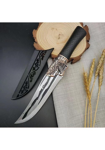 Valkyrie Dragon Tasarım Paslanmaz Çelik Şef Kamp Bıçağı Siyah Saplı, Kılıflı Kasap & Mutfak Kamp Bıçağı Siyah