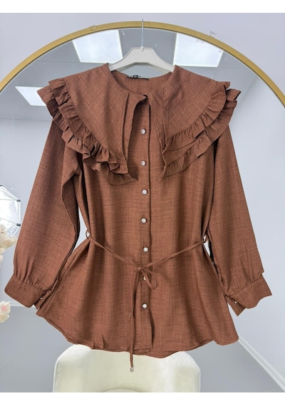 Lovie Moda Fırfır Yaka Bağcıklı Tunik Kahverengi