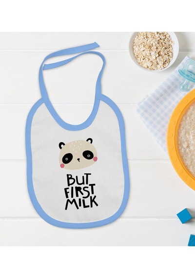 Bk Kids But First Milk Tasarımlı Mavi Bebek Mama Önlüğü Mavi