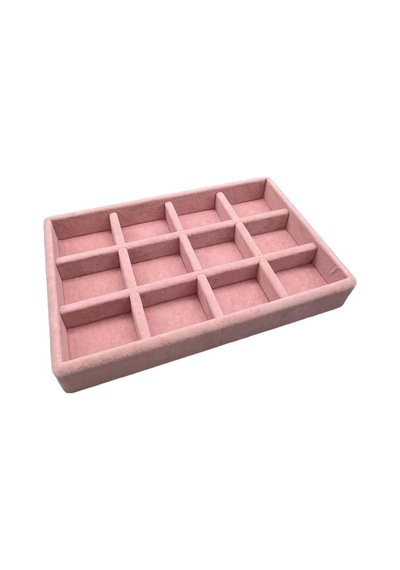 Yerli Üretim Küçük Boy Süet Kumaş Pembe Renk 12 Bölmeli Takı Sergileme Çekmece Içi Standı Çok Renkli