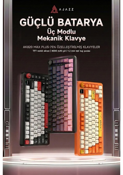 Ajazz Ak820 Max Plus 75% Mekanik Klavye 8000mah Batarya 0.85 Tft Ekran Rgb Hot Swap 3 Modlu 2.4g Bluetooth Type-c Kablosuz Gaming Klavye Conta Yapısı Ses Yalıtımlı Turuncu